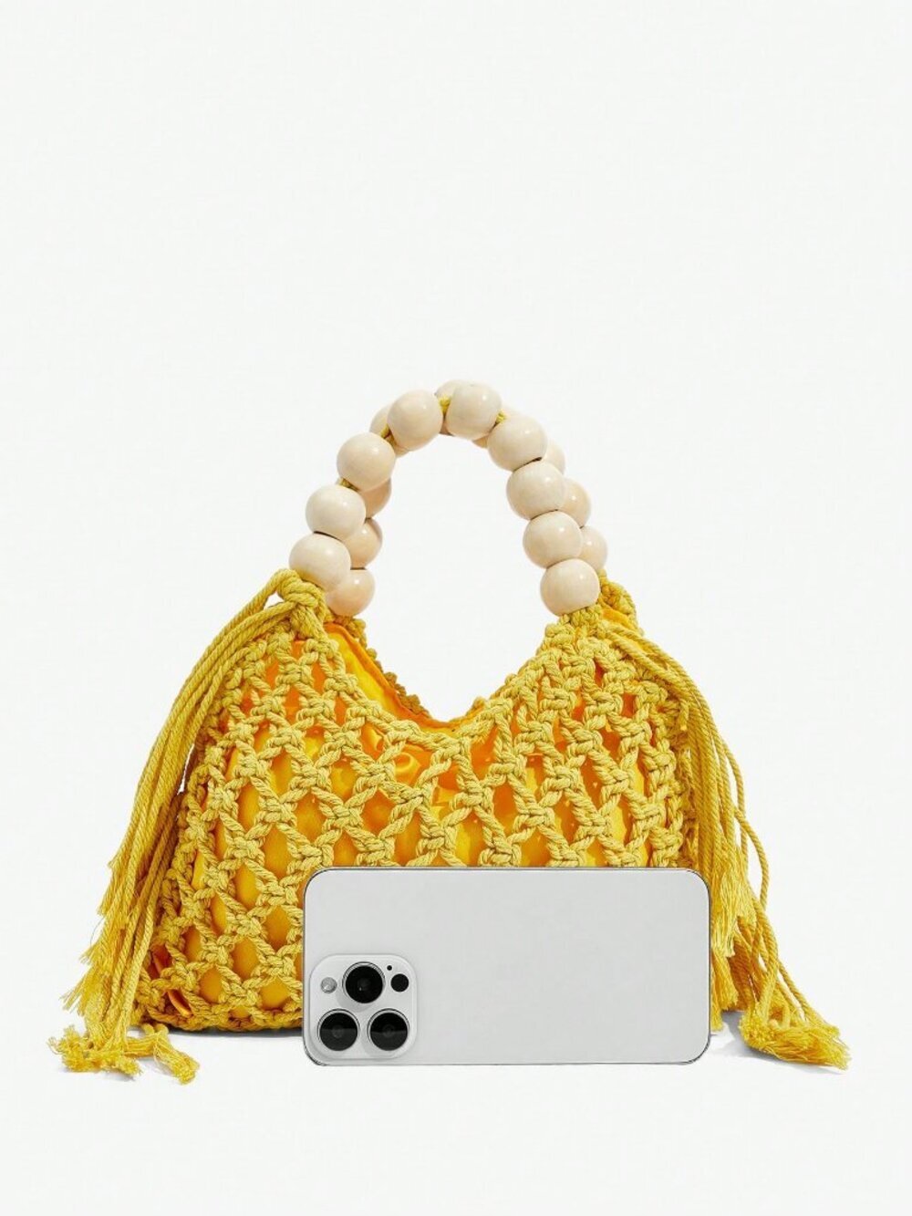 Yellow Vacation Women's Woven Crochet Wood Bead Tote Handbag - Picture 5 of 8